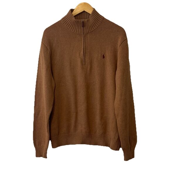 Polo Ralph Lauren Men’s Quarter-Zip Mock Neck Sweater XL Camel Brown 100% Cotton - Picture 1 of 9